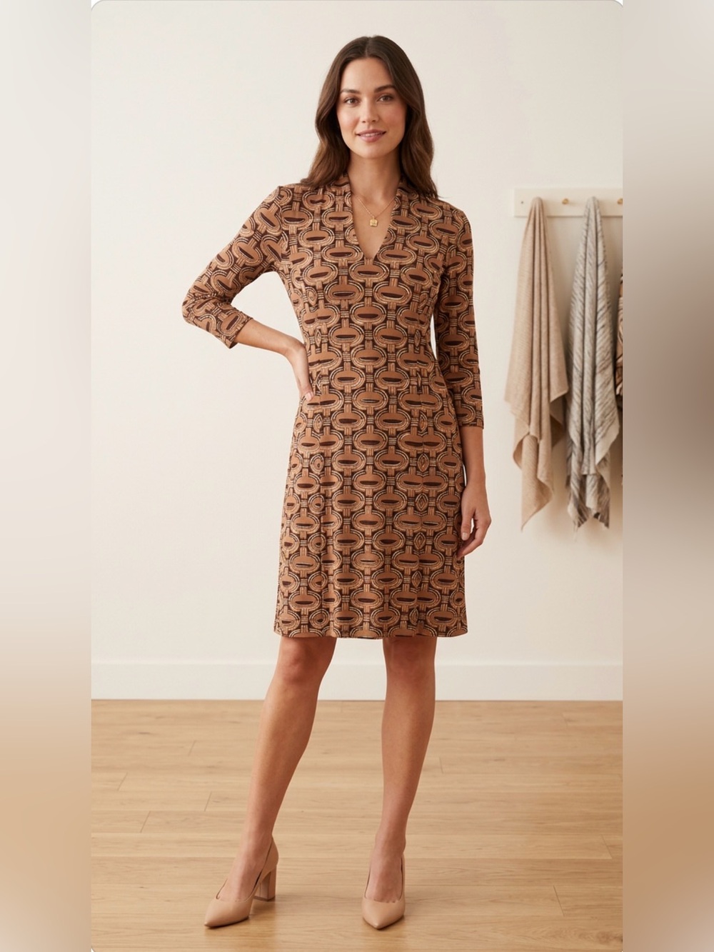 J MCLAUGHLIN IVANA DRESS CANELOCK GEOMETRIC PATTERN BROWN TAN CAREER TRAVEL